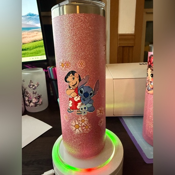 Pink Glitter Tumbler with Floral Cartoon Design - Picture 3 of 3